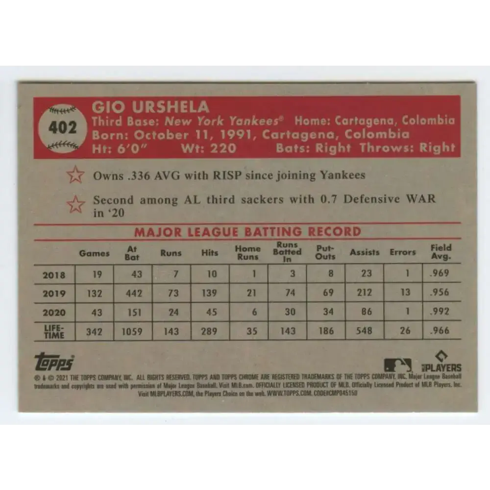 2021 Topps Chrome Platinum Anniversary #402 Gio Urshela NM-MT New York Yankees Baseball Card - Baseball Card Single