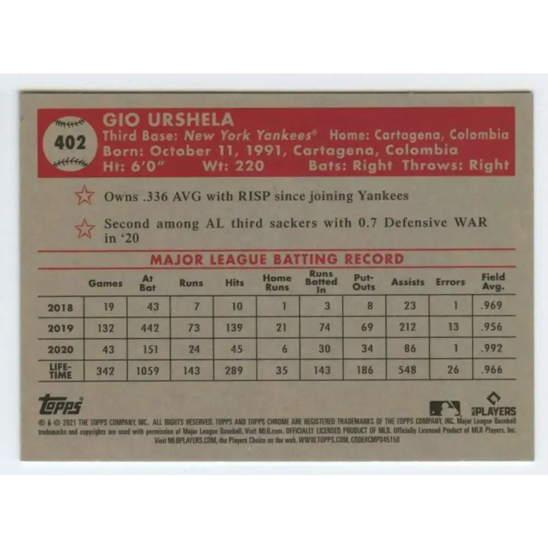 2021 Topps Chrome Platinum Anniversary #402 Gio Urshela NM-MT New York Yankees Baseball Card - Baseball Card Single