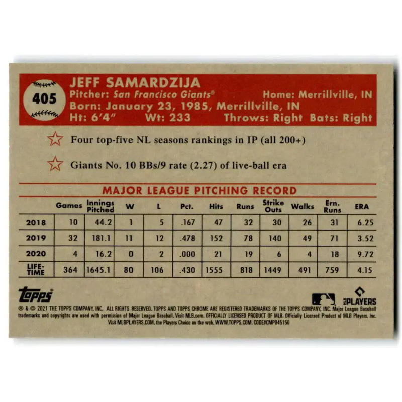 2021 Topps Chrome Platinum Anniversary #405 Jeff Samardzija NM-MT San Francisco Giants Baseball Card - Baseball Card