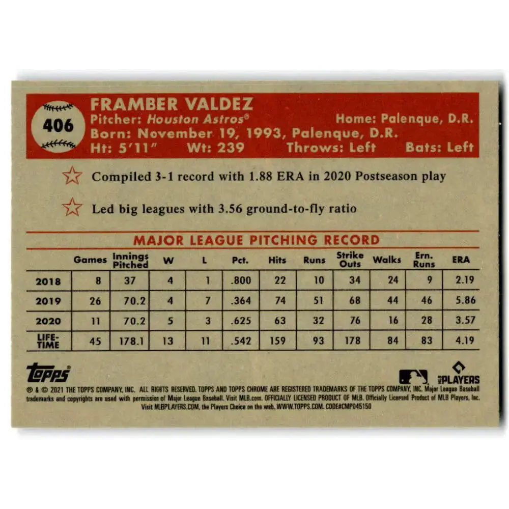 2021 Topps Chrome Platinum Anniversary #406 Framber Valdez NM-MT Houston Astros Baseball Card - Baseball Card Single