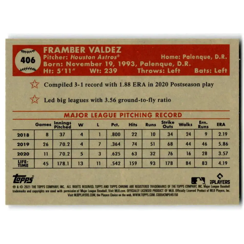 2021 Topps Chrome Platinum Anniversary #406 Framber Valdez NM-MT Houston Astros Baseball Card - Baseball Card Single