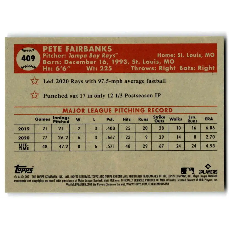 2021 Topps Chrome Platinum Anniversary #409 Pete Fairbanks NM-MT Tampa Bay Rays Baseball Card - Baseball Card Single