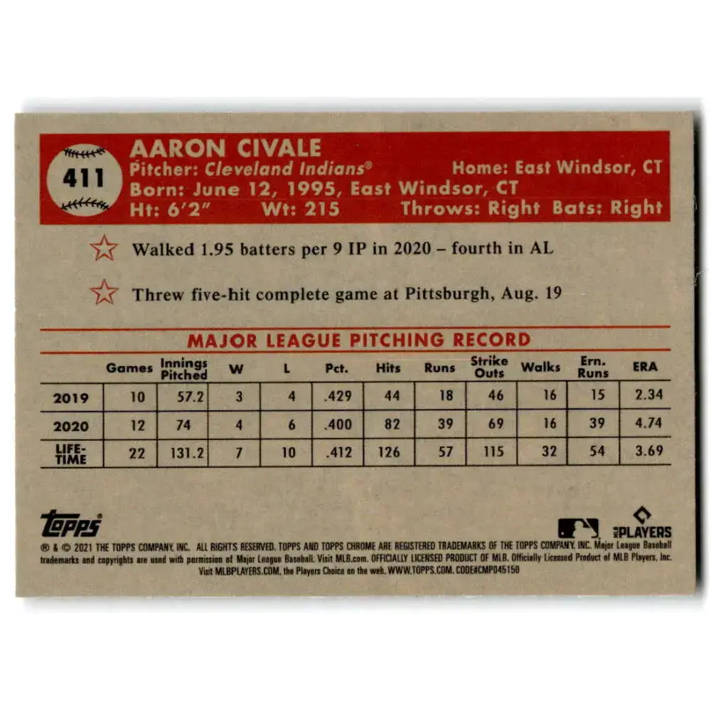 2021 Topps Chrome Platinum Anniversary #411 Aaron Civale NM-MT Cleveland Indians Baseball Card - Baseball Card Single
