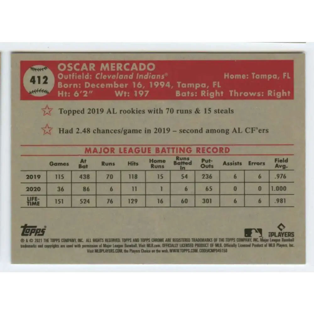2021 Topps Chrome Platinum Anniversary #412 Oscar Mercado NM-MT Cleveland Indians Baseball Card - Baseball Card Single