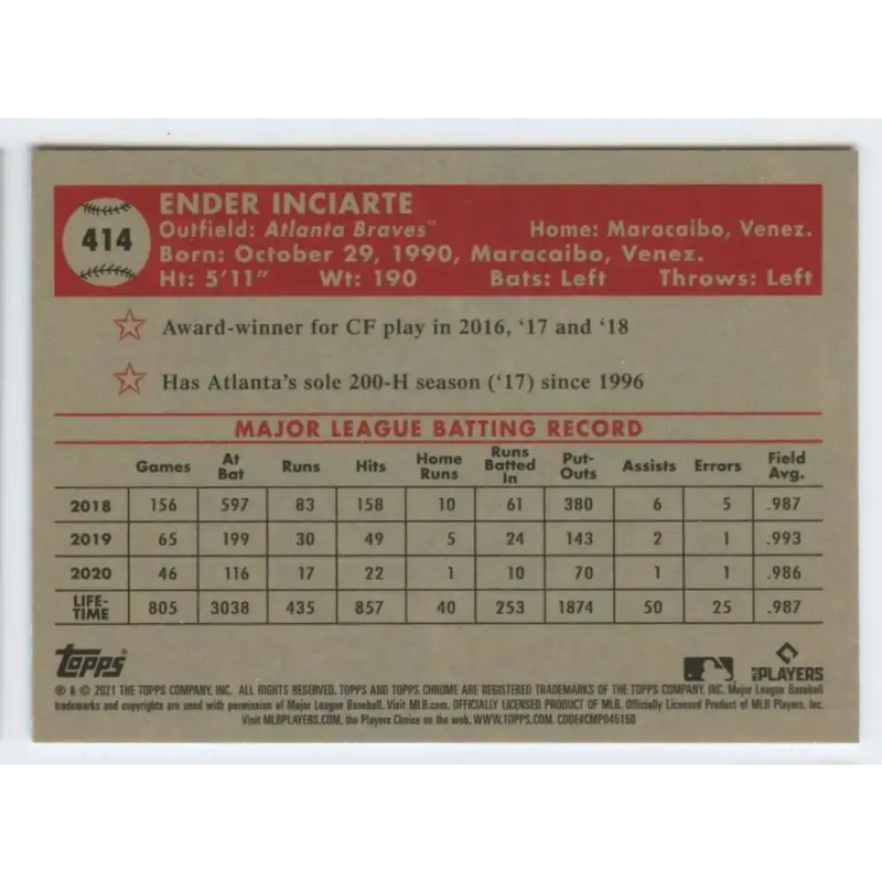 2021 Topps Chrome Platinum Anniversary #414 Ender Inciarte NM-MT Atlanta Braves Baseball Card - Baseball Card Single