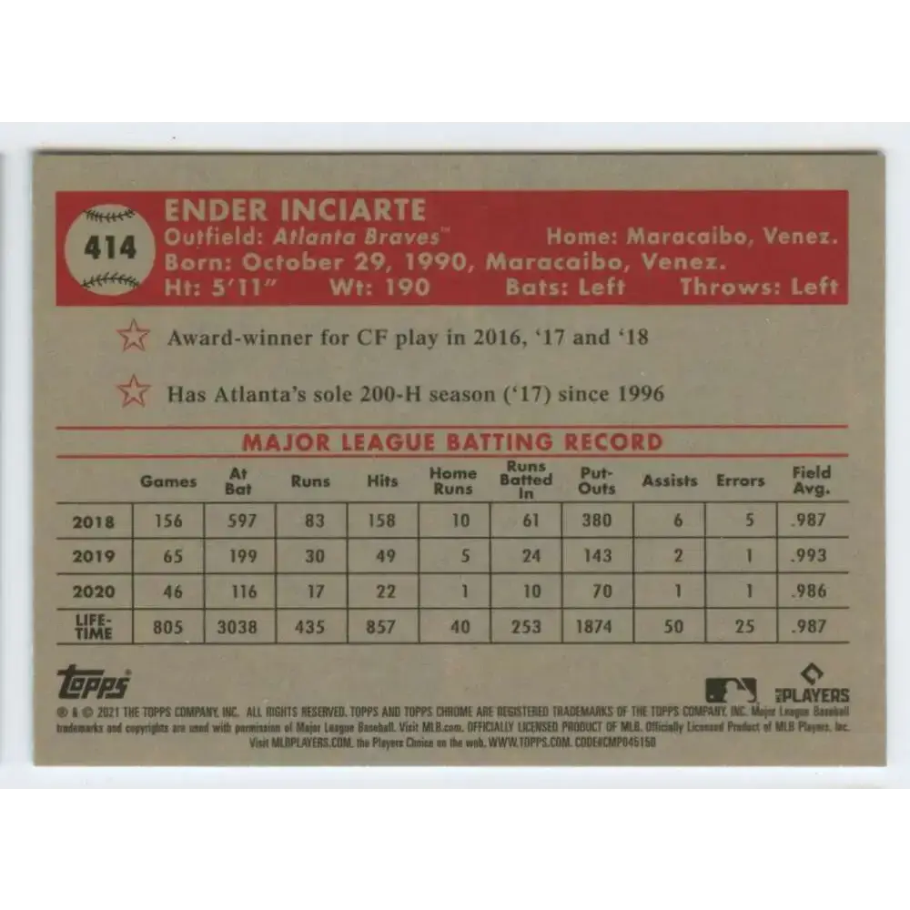 2021 Topps Chrome Platinum Anniversary #414 Ender Inciarte NM-MT Atlanta Braves Baseball Card - Baseball Card Single