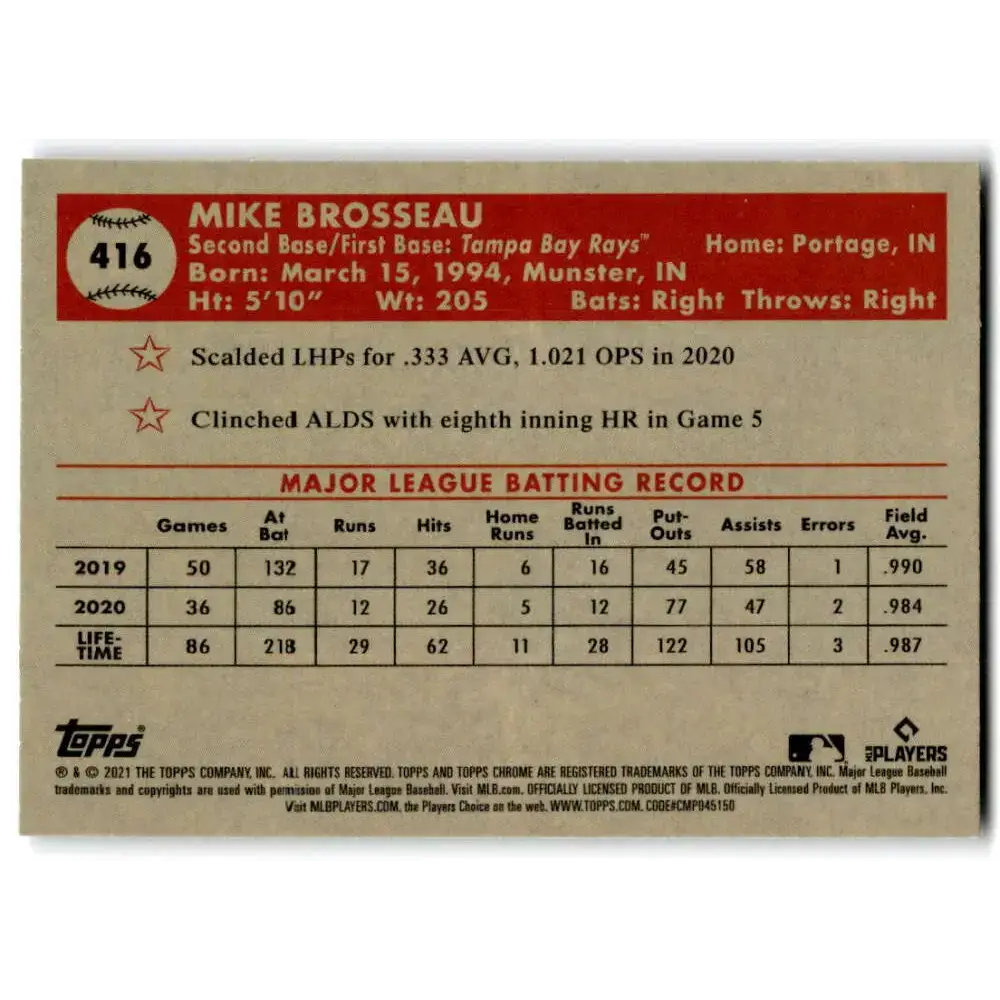 2021 Topps Chrome Platinum Anniversary #416 Mike Brosseau NM-MT Tampa Bay Rays Baseball Card - Baseball Card Single
