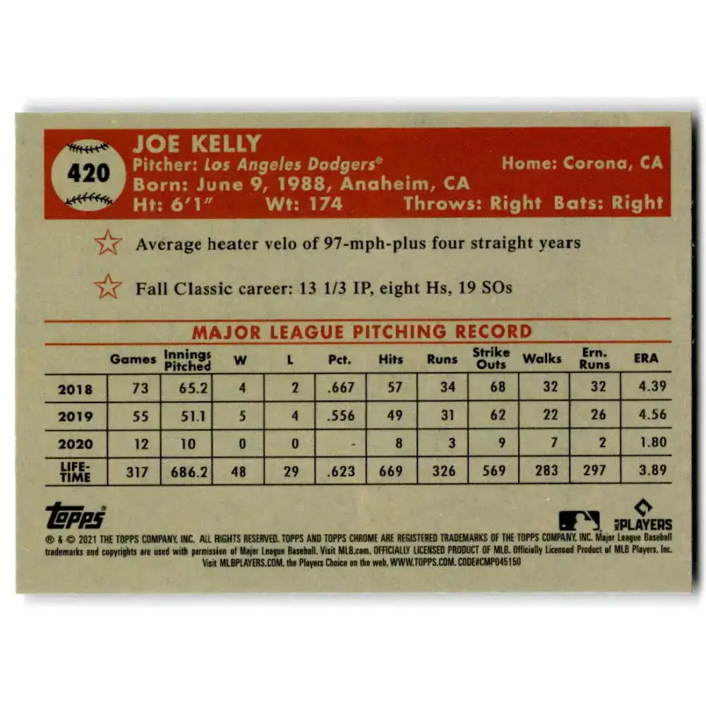 2021 Topps Chrome Platinum Anniversary #420 Joe Kelly NM-MT Los Angeles Dodgers Baseball Card - Baseball Card Single