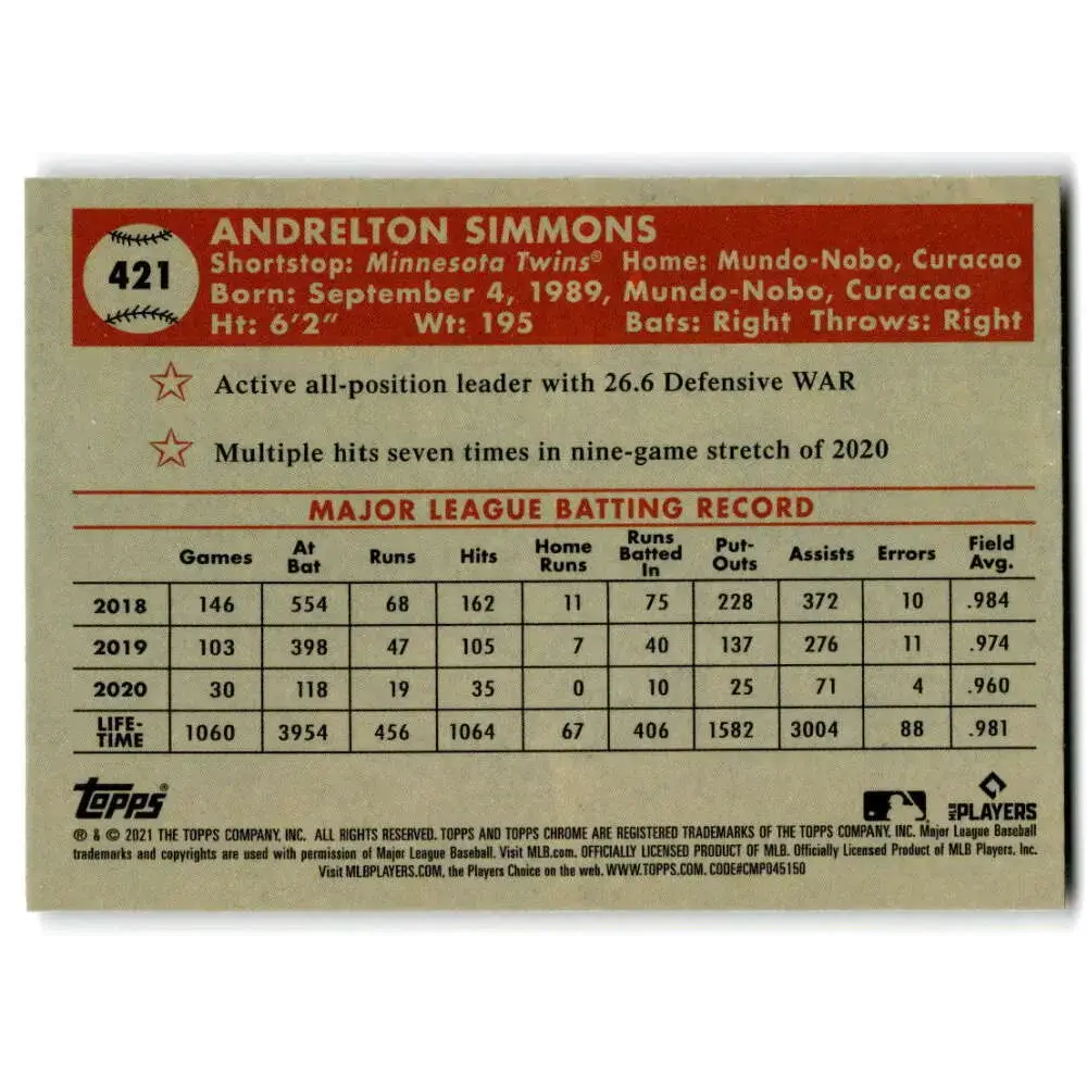 2021 Topps Chrome Platinum Anniversary #421 Andrelton Simmons NM-MT Minnesota Twins Baseball Card - Baseball Card Single