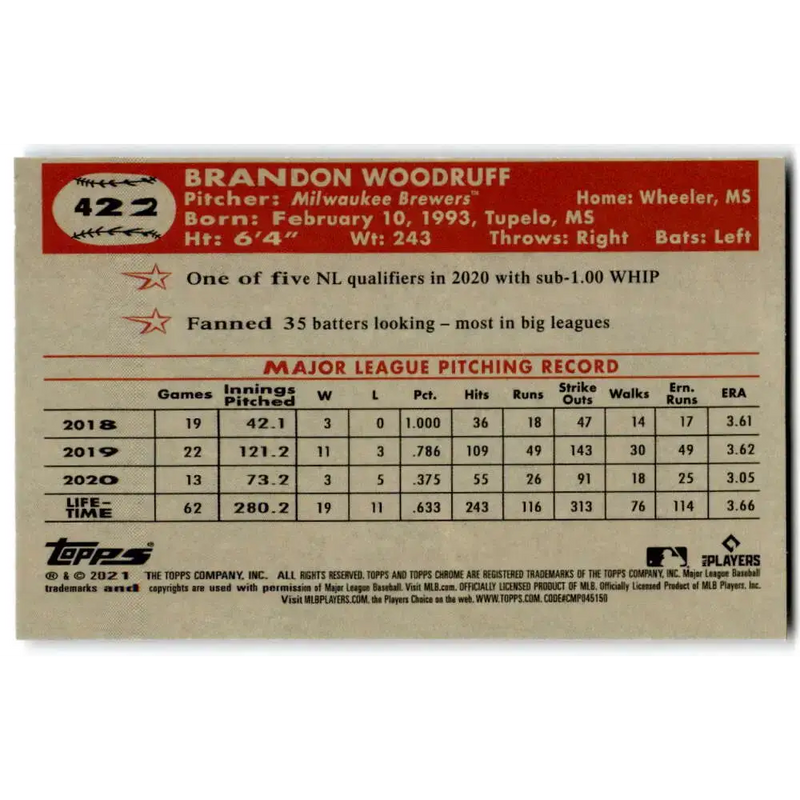 2021 Topps Chrome Platinum Anniversary #422 Brandon Woodruff NM-MT Milwaukee Brewers Baseball Card - Baseball Card