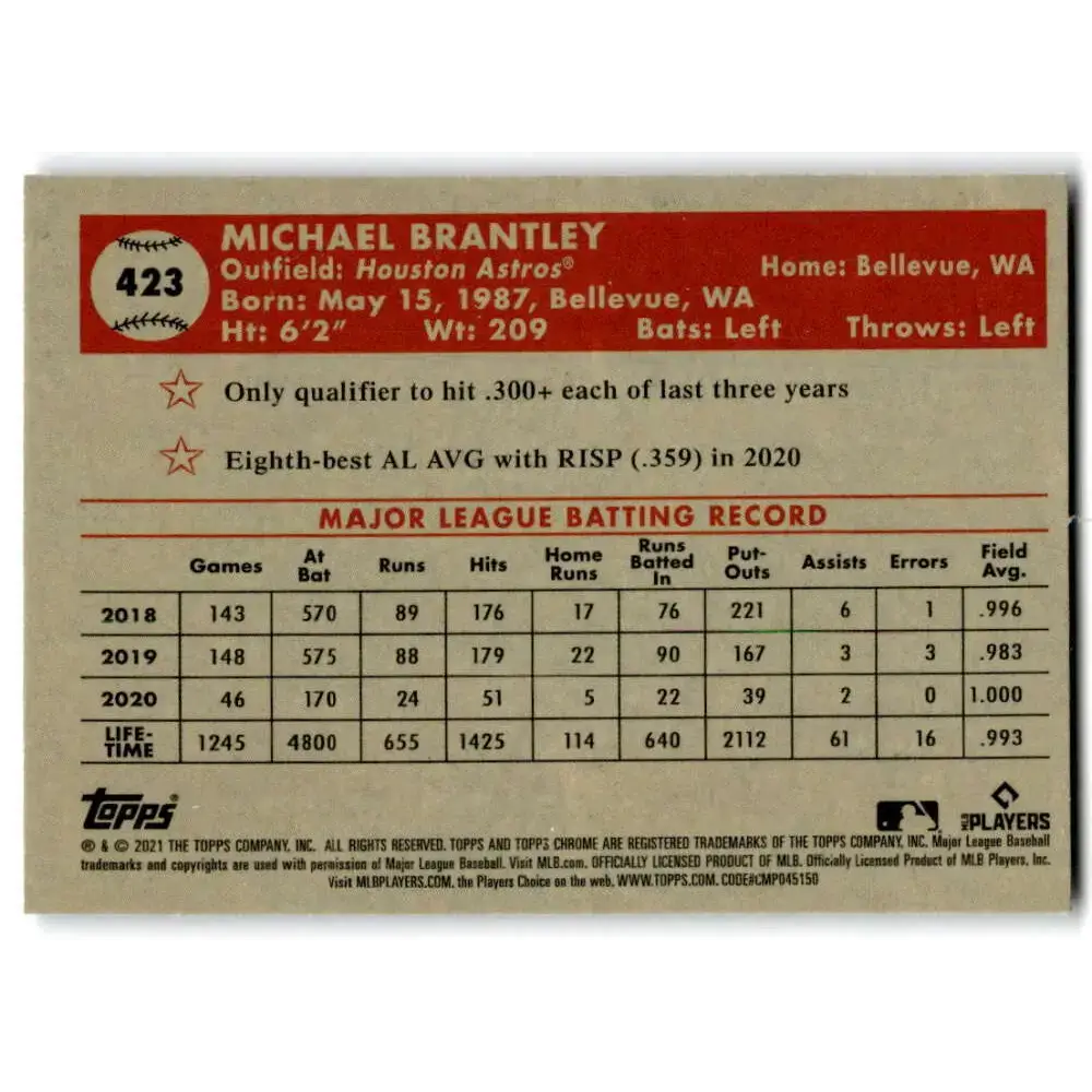 2021 Topps Chrome Platinum Anniversary #423 Michael Brantley NM-MT Houston Astros Baseball Card - Baseball Card Single