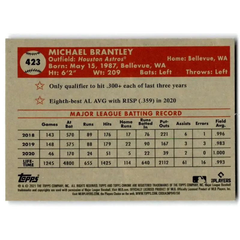 2021 Topps Chrome Platinum Anniversary #423 Michael Brantley NM-MT Houston Astros Baseball Card - Baseball Card Single