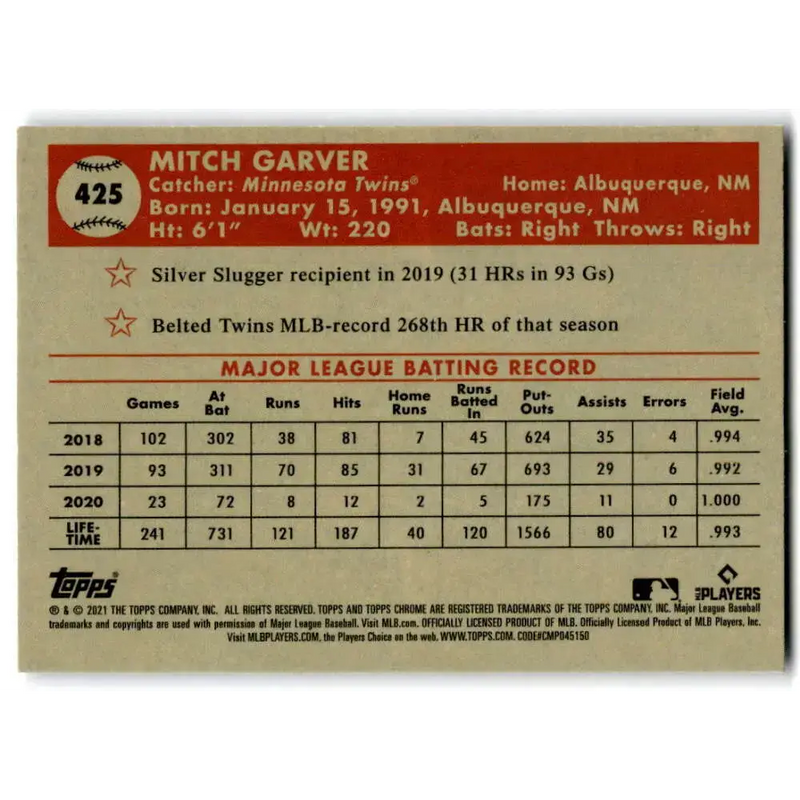 2021 Topps Chrome Platinum Anniversary #425 Mitch Garver NM-MT Minnesota Twins Baseball Card - Baseball Card Single