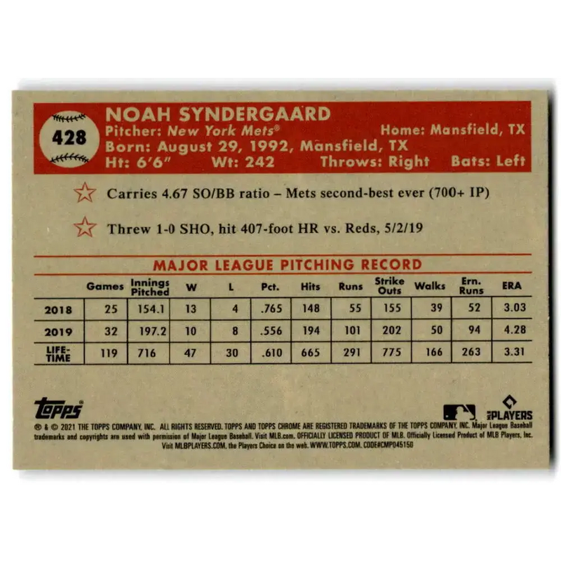 2021 Topps Chrome Platinum Anniversary #428 Noah Syndergaard NM-MT New York Mets Baseball Card - Baseball Card Single