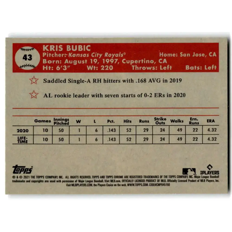 2021 Topps Chrome Platinum Anniversary #43 Kris Bubic NM-MT RC Rookie Kansas City Royals Baseball Card - Baseball Card