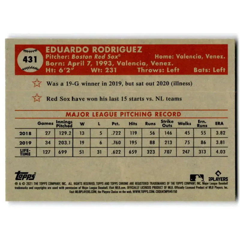 2021 Topps Chrome Platinum Anniversary #431 Eduardo Rodriguez NM-MT Boston Red Sox Baseball Card - Baseball Card Single