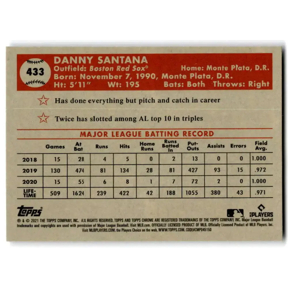 2021 Topps Chrome Platinum Anniversary #433 Danny Santana NM-MT Boston Red Sox Baseball Card - Baseball Card Single
