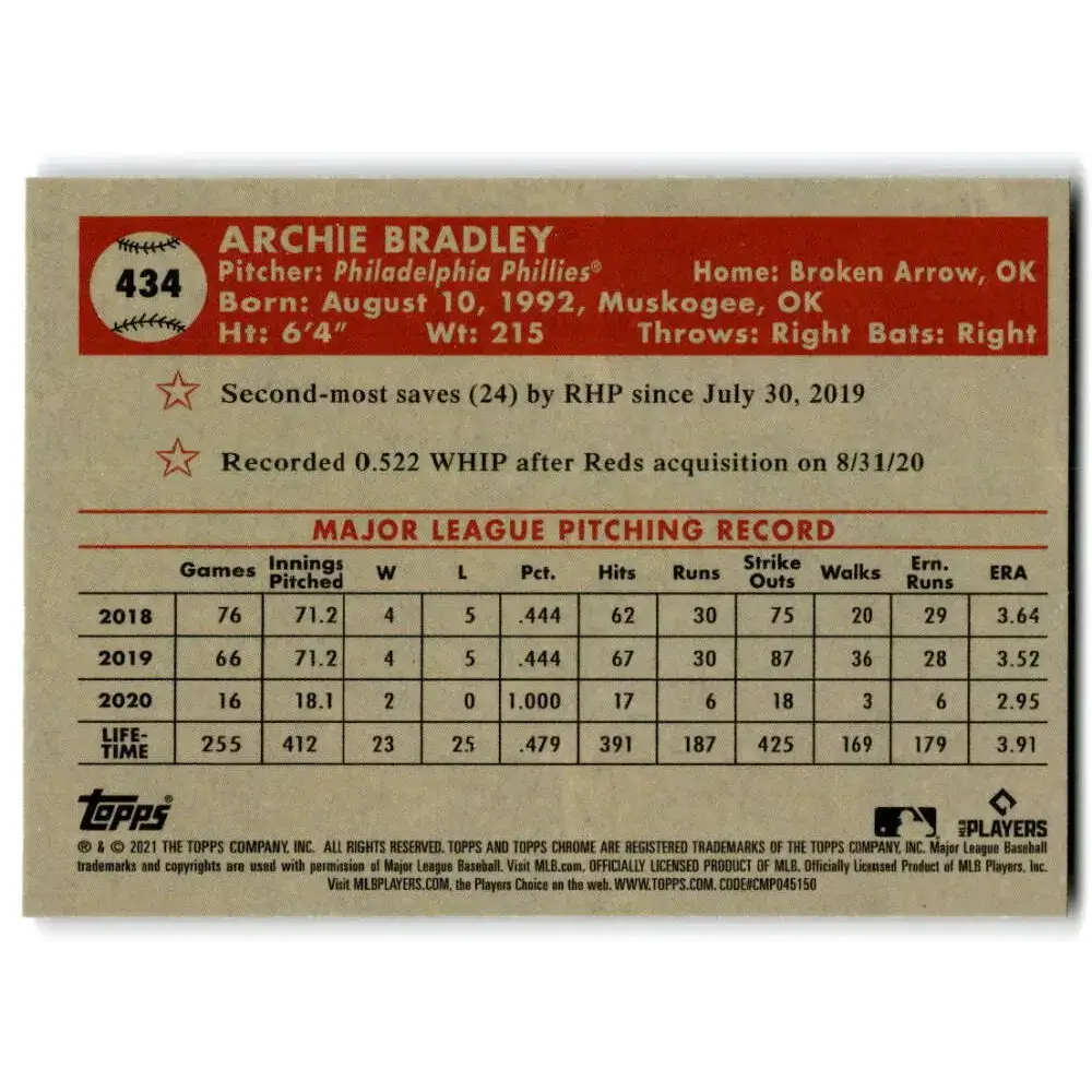2021 Topps Chrome Platinum Anniversary #434 Archie Bradley NM-MT Philadelphia Phillies Baseball Card - Baseball Card