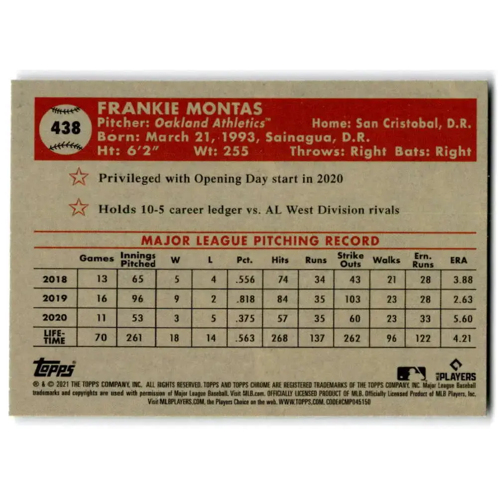 2021 Topps Chrome Platinum Anniversary #438 Frankie Montas NM-MT Oakland Athletics Baseball Card - Baseball Card Single
