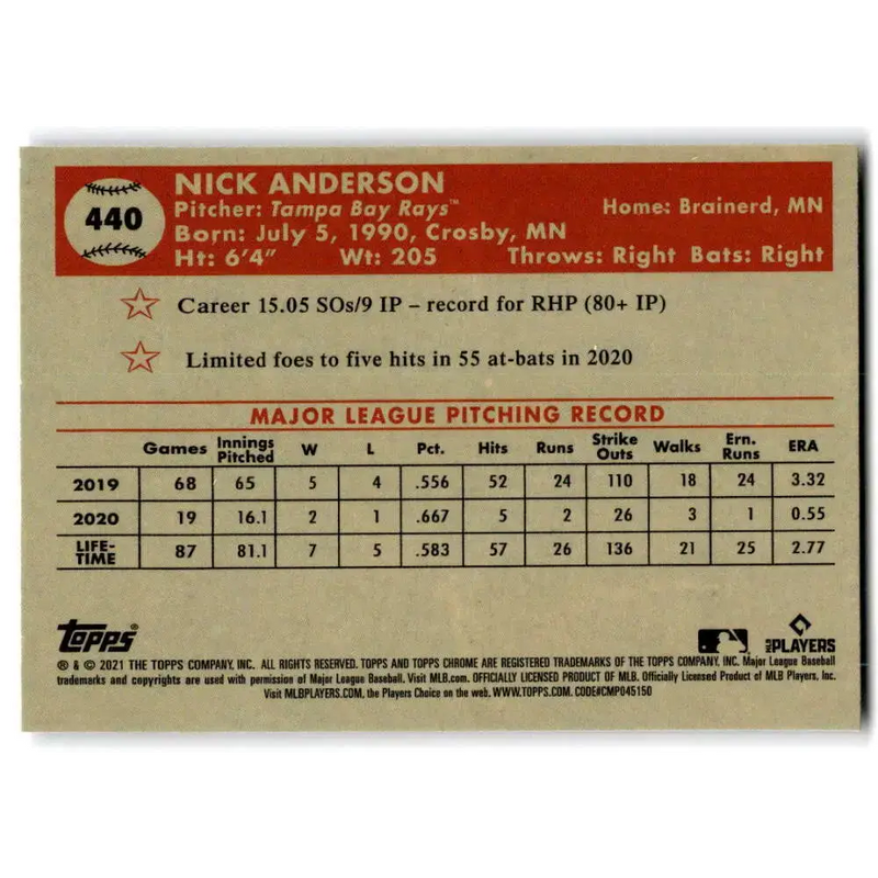 2021 Topps Chrome Platinum Anniversary #440 Nick Anderson NM-MT Tampa Bay Rays Baseball Card - Baseball Card Single