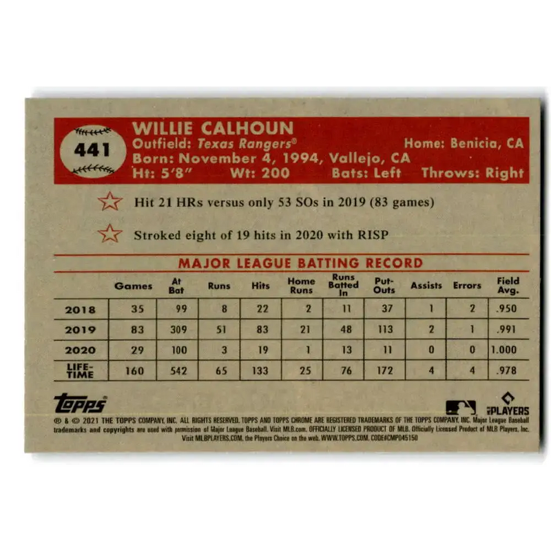 2021 Topps Chrome Platinum Anniversary #441 Willie Calhoun NM-MT Texas Rangers Baseball Card - Baseball Card Single