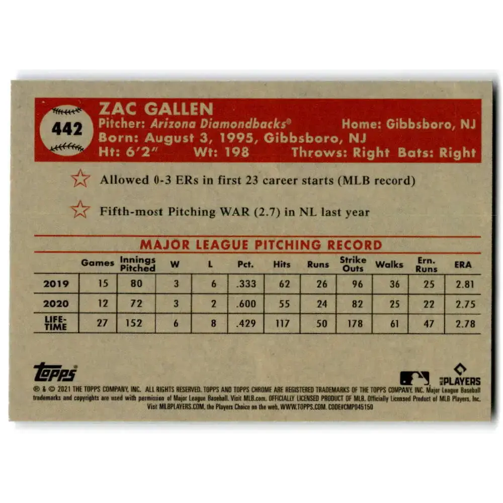 2021 Topps Chrome Platinum Anniversary #442 Zac Gallen NM-MT Arizona Diamondbacks Baseball Card - Baseball Card Single