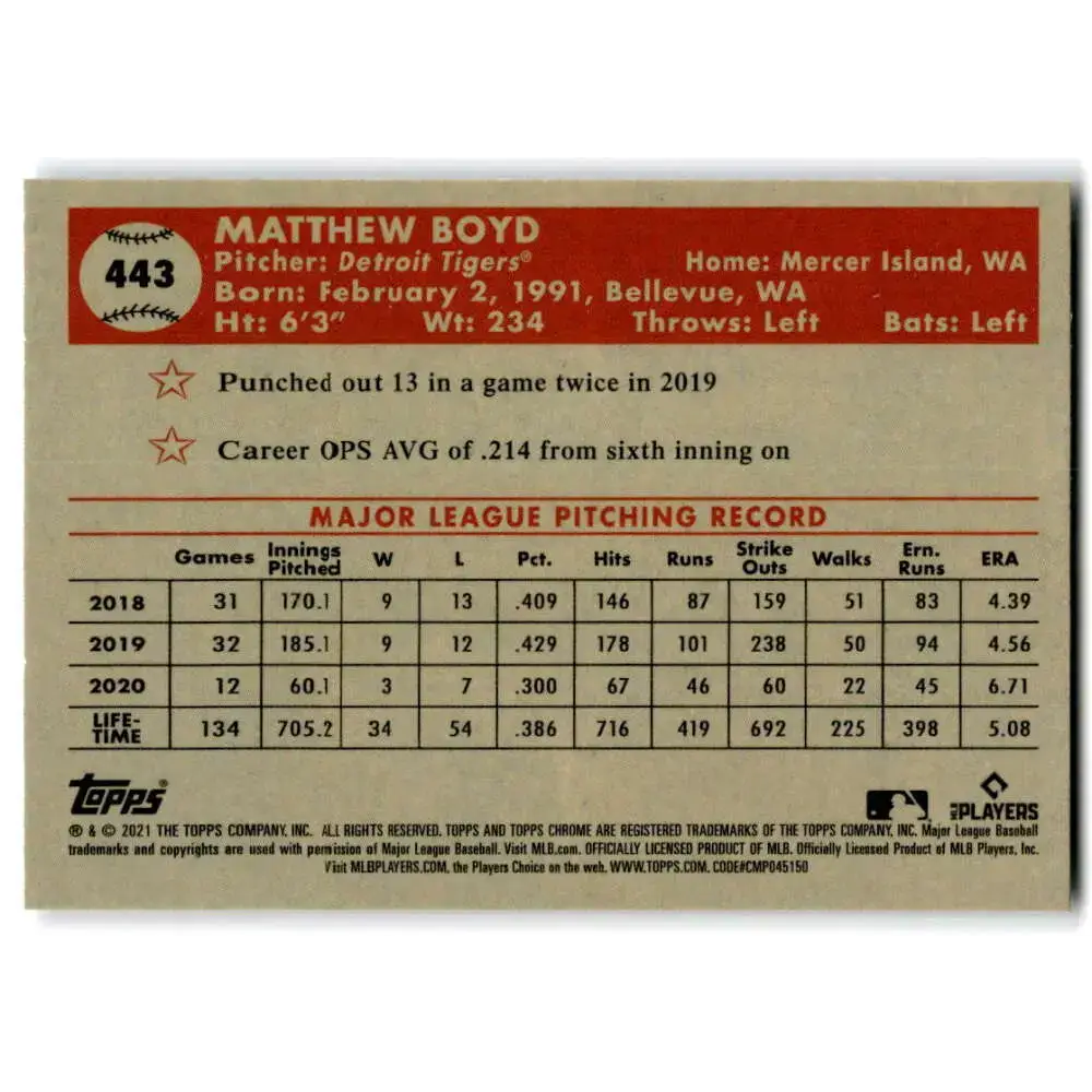 2021 Topps Chrome Platinum Anniversary #443 Matthew Boyd NM-MT Detroit Tigers Baseball Card - Baseball Card Single