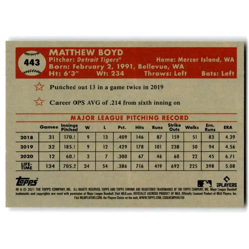 2021 Topps Chrome Platinum Anniversary #443 Matthew Boyd NM-MT Detroit Tigers Baseball Card - Baseball Card Single