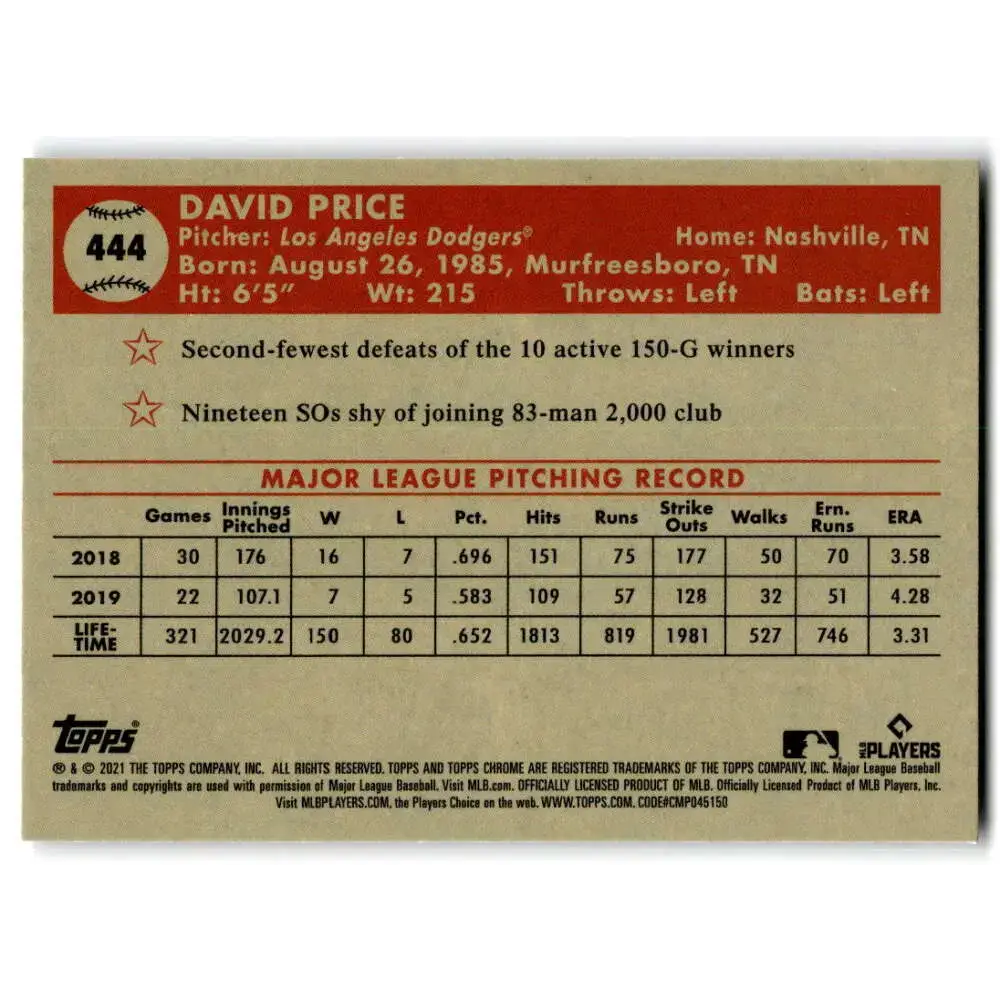 2021 Topps Chrome Platinum Anniversary #444 David Price NM-MT Los Angeles Dodgers Baseball Card - Baseball Card Single
