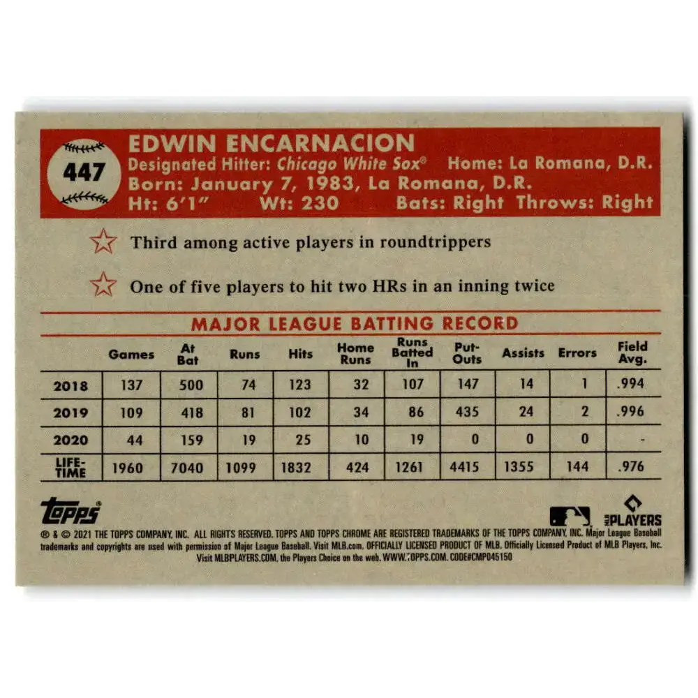 2021 Topps Chrome Platinum Anniversary #447 Edwin Encarnacion NM-MT Chicago White Sox Baseball Card - Baseball Card