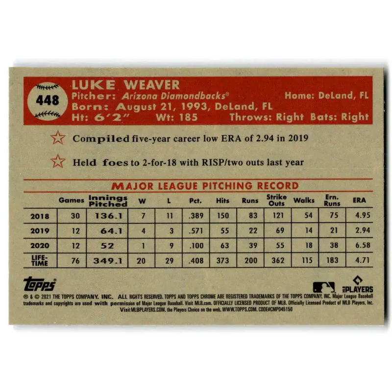 2021 Topps Chrome Platinum Anniversary #448 Luke Weaver NM-MT Arizona Diamondbacks Baseball Card - Baseball Card Single
