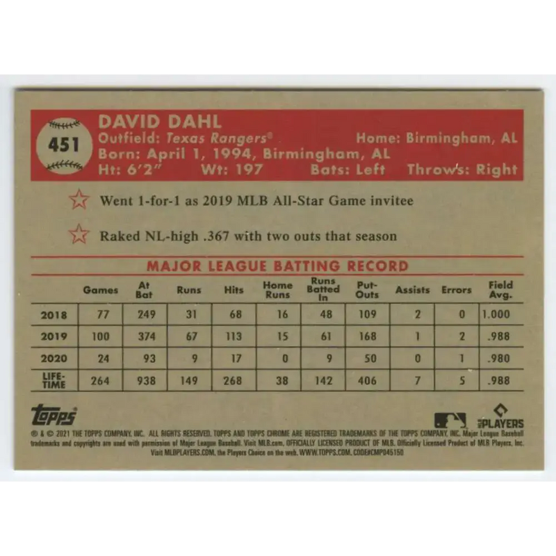 2021 Topps Chrome Platinum Anniversary #451 David Dahl NM-MT Texas Rangers Baseball Card - Baseball Card Single