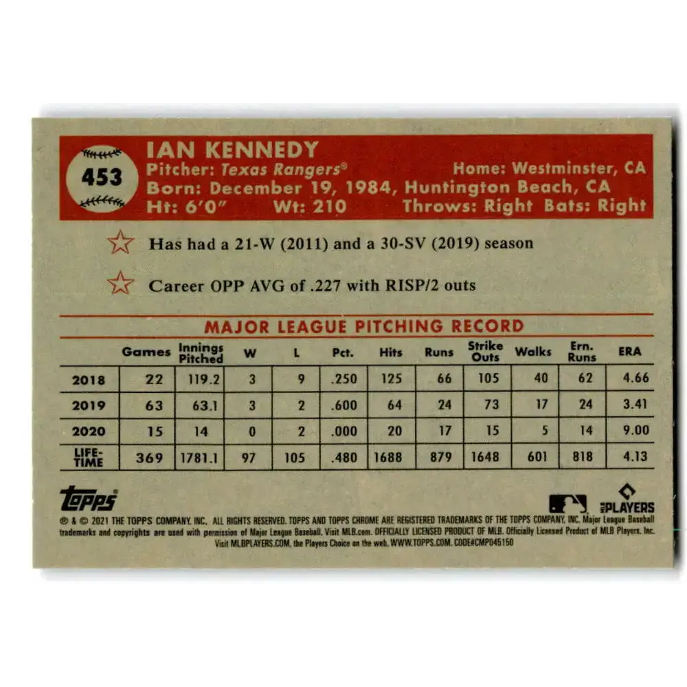 2021 Topps Chrome Platinum Anniversary #453 Ian Kennedy NM-MT Texas Rangers Baseball Card - Baseball Card Single