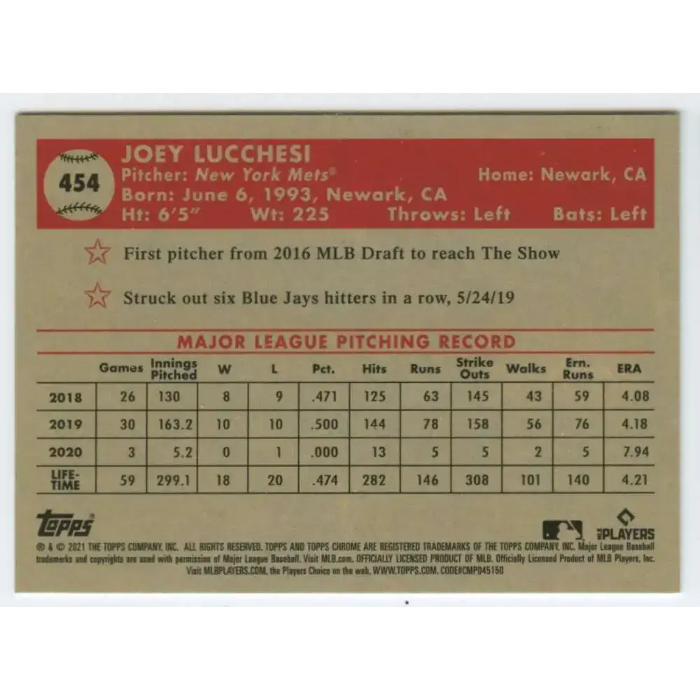 2021 Topps Chrome Platinum Anniversary #454 Joey Lucchesi NM-MT New York Mets Baseball Card - Baseball Card Single