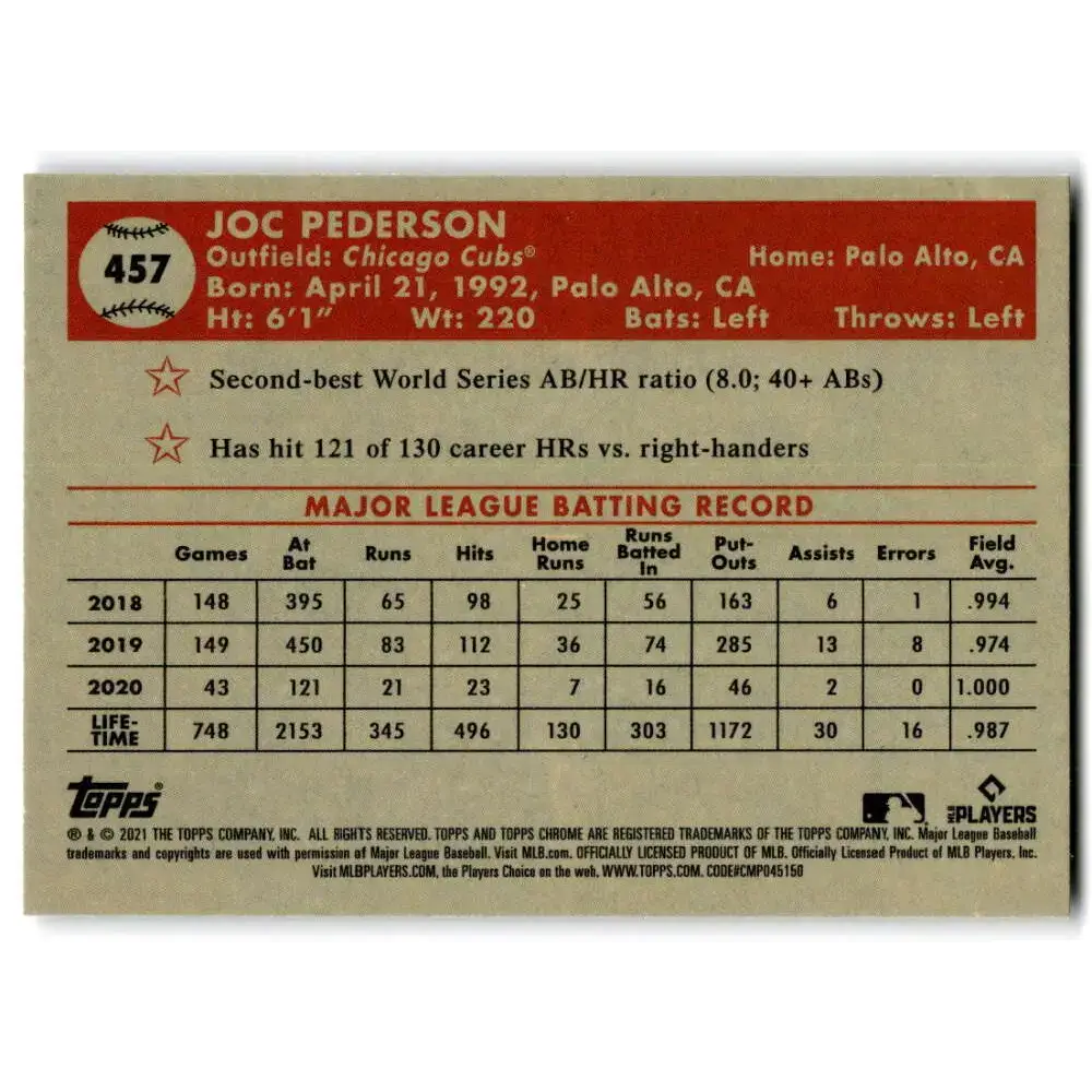 2021 Topps Chrome Platinum Anniversary #457 Joc Pederson NM-MT Chicago Cubs Baseball Card - Baseball Card Single