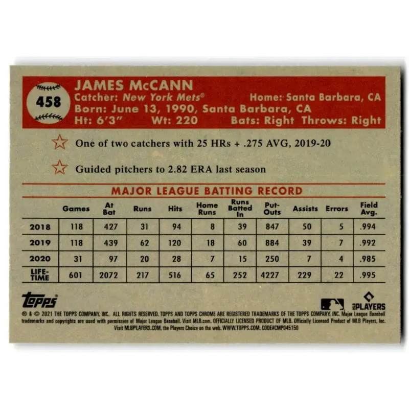2021 Topps Chrome Platinum Anniversary #458 James McCann NM-MT New York Mets Baseball Card - Baseball Card Single