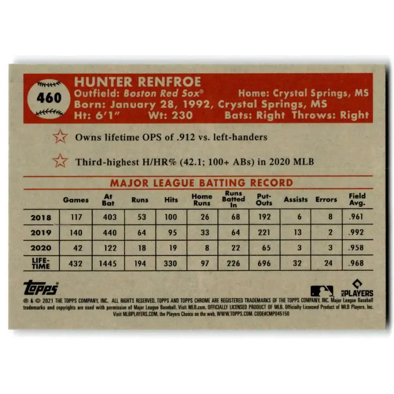 2021 Topps Chrome Platinum Anniversary #460 Hunter Renfroe NM-MT Boston Red Sox Baseball Card - Baseball Card Single