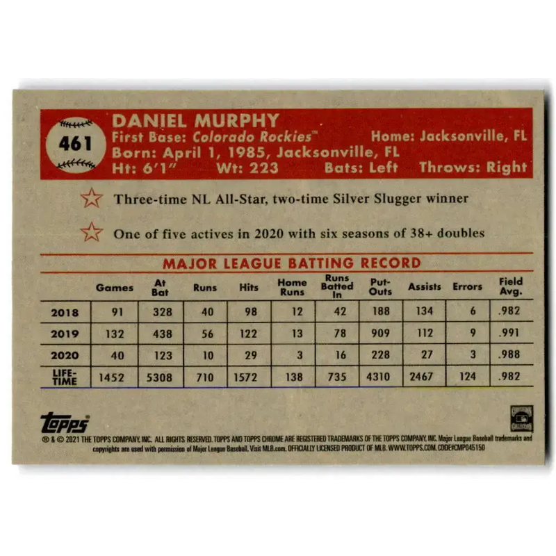 2021 Topps Chrome Platinum Anniversary #461 Daniel Murphy NM-MT Colorado Rockies Baseball Card - Baseball Card Single