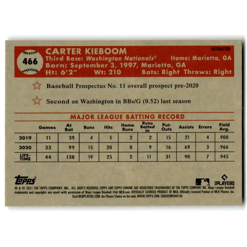 2021 Topps Chrome Platinum Anniversary #466 Carter Kieboom NM-MT Washington Nationals Baseball Card - Baseball Card