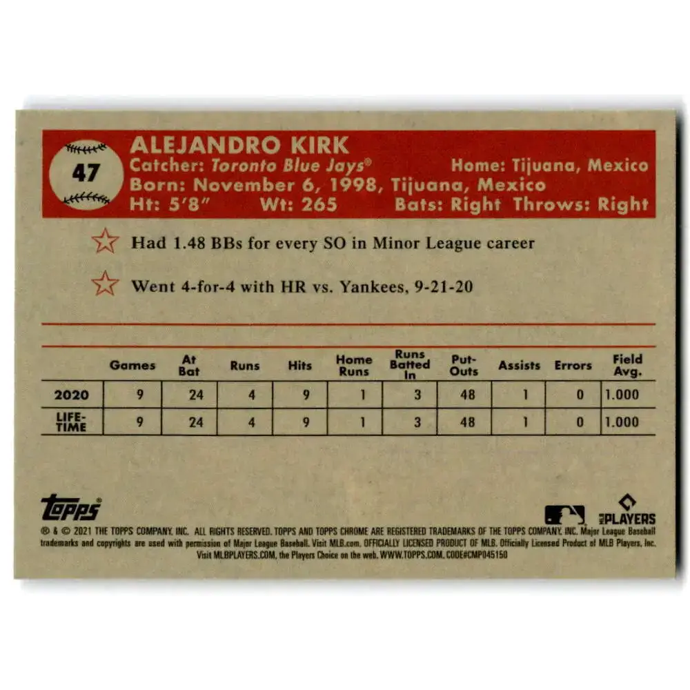 2021 Topps Chrome Platinum Anniversary #47 Alejandro Kirk NM-MT RC Rookie Toronto Blue Jays Baseball Card - Baseball