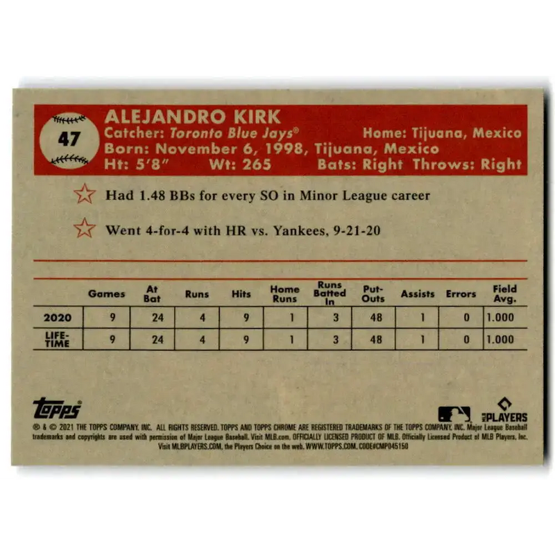 2021 Topps Chrome Platinum Anniversary #47 Alejandro Kirk NM-MT RC Rookie Toronto Blue Jays Baseball Card - Baseball