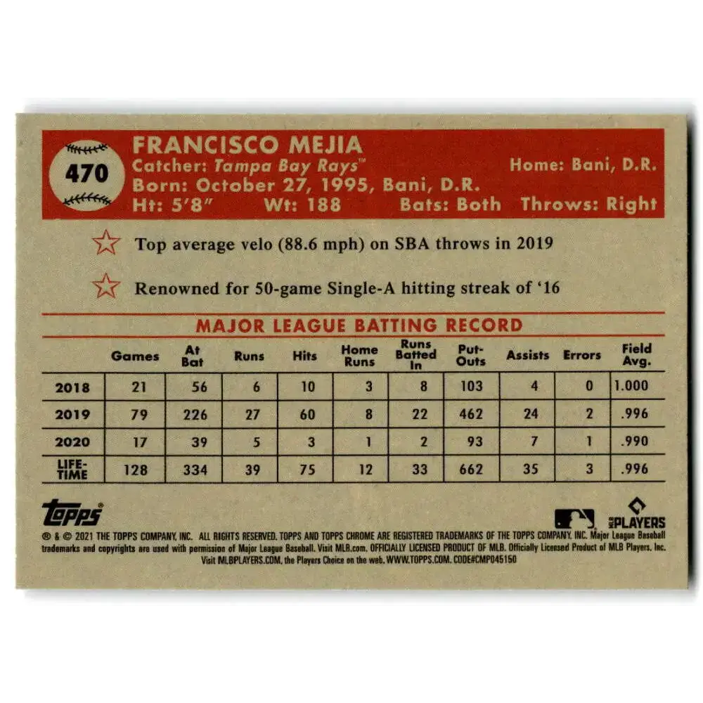 2021 Topps Chrome Platinum Anniversary #470 Francisco Mejia NM-MT Tampa Bay Rays Baseball Card - Baseball Card Single