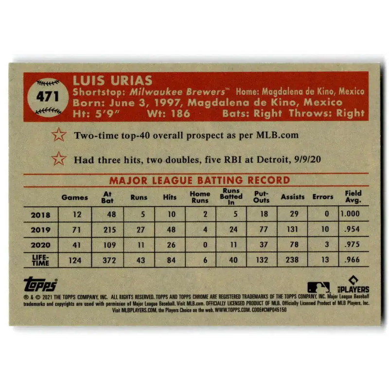 2021 Topps Chrome Platinum Anniversary #471 Luis Urias NM-MT Milwaukee Brewers Baseball Card - Baseball Card Single