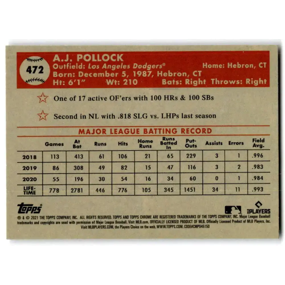 2021 Topps Chrome Platinum Anniversary #472 A.J. Pollock NM-MT Los Angeles Dodgers Baseball Card - Baseball Card Single