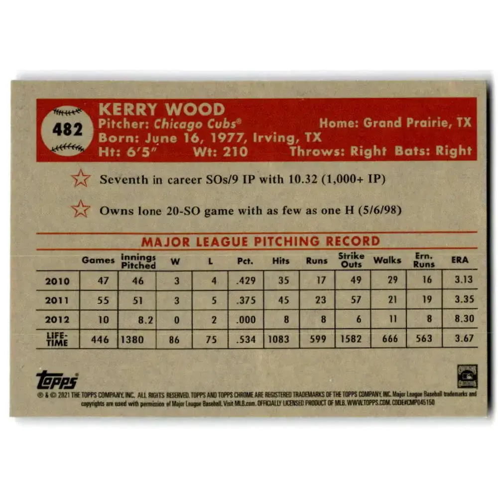 2021 Topps Chrome Platinum Anniversary #482 Kerry Wood NM-MT Chicago Cubs Baseball Card - Baseball Card Single