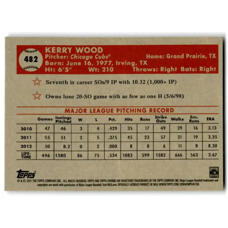 2021 Topps Chrome Platinum Anniversary #482 Kerry Wood NM-MT Chicago Cubs Baseball Card - Baseball Card Single