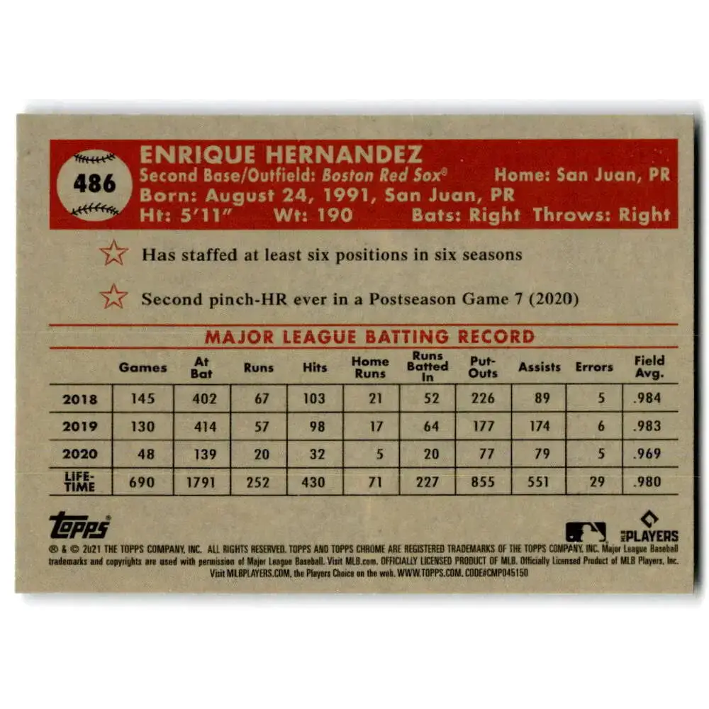 2021 Topps Chrome Platinum Anniversary #486 Enrique Hernandez NM-MT Boston Red Sox Baseball Card - Baseball Card Single