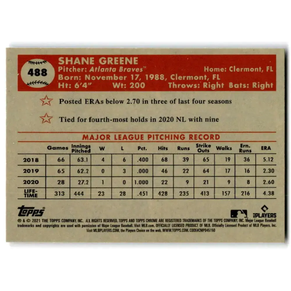 2021 Topps Chrome Platinum Anniversary #488 Shane Greene NM-MT Atlanta Braves Baseball Card - Baseball Card Single