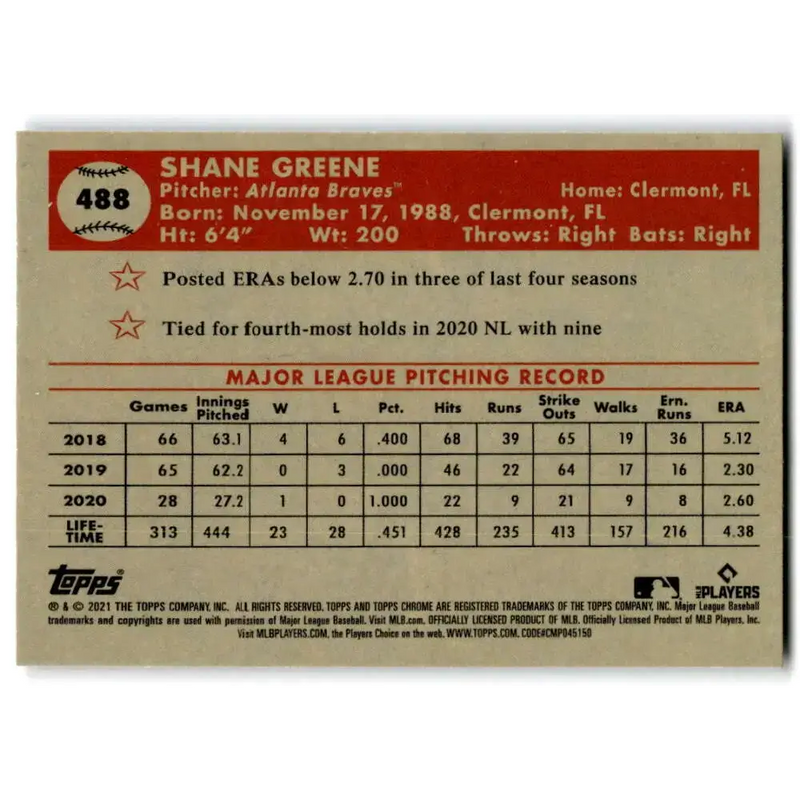 2021 Topps Chrome Platinum Anniversary #488 Shane Greene NM-MT Atlanta Braves Baseball Card - Baseball Card Single