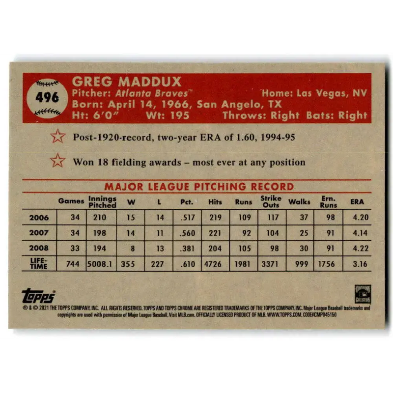 2021 Topps Chrome Platinum Anniversary #496 Greg Maddux NM-MT Atlanta Braves Baseball Card - Baseball Card Single